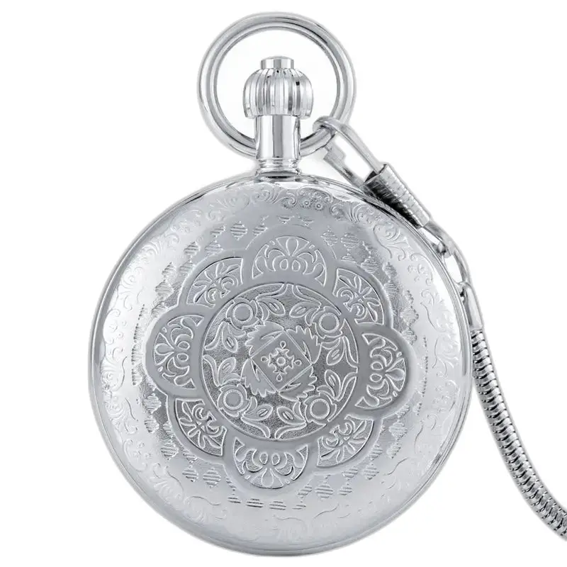 Reloj de bolsillo plateado automático con flor oriental