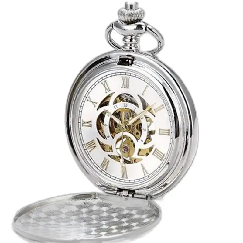 Elegante reloj de bolsillo mecánico plateado con doble solapa