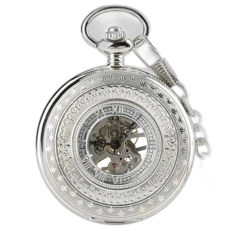 Reloj de bolsillo plateado mecánico de lujo para hombre