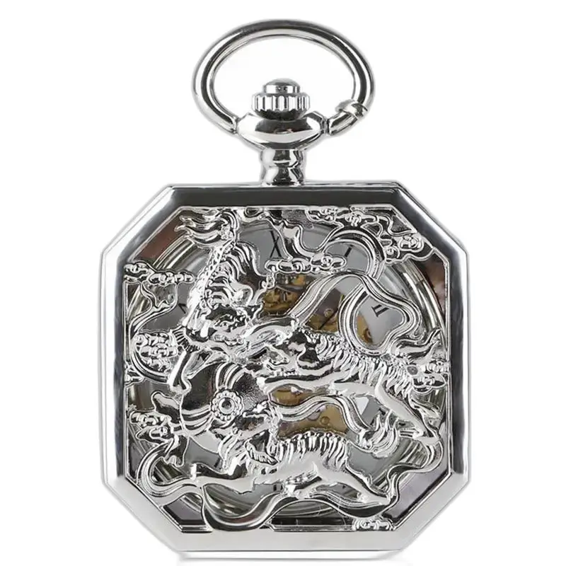 Reloj de bolsillo plateado mecánico octogonal de lujo