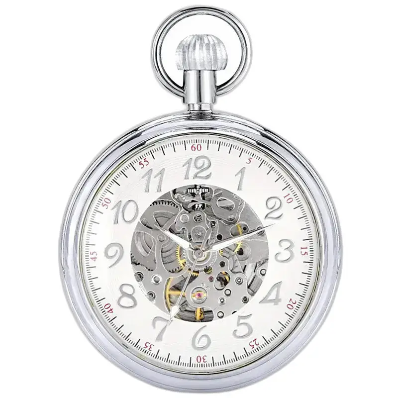 Reloj de bolsillo automático plateado con esfera abierta.