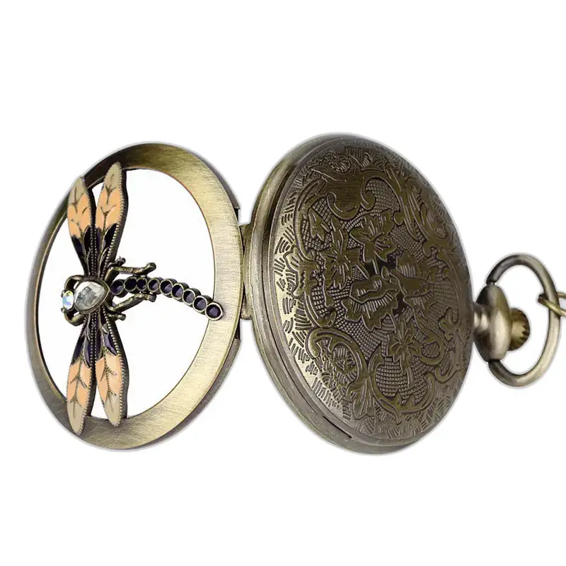 Reloj de bolsillo moderno y elegante de bronce con libélula