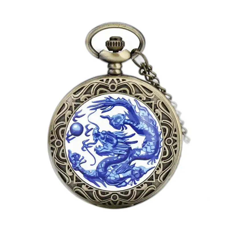 Reloj de bolsillo con collar de dragón azul vintage para hombres y mujeres