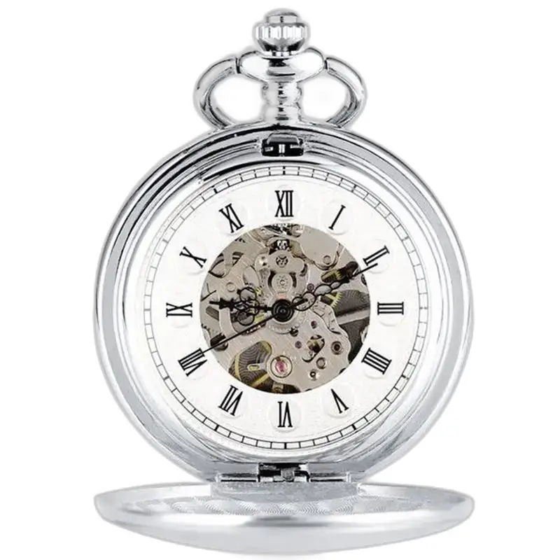 Reloj de bolsillo moderno y elegante con doble solapa y números romanos sobre fondo plateado