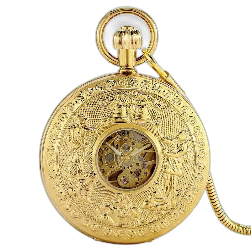 Reloj de bolsillo automático Demi Hunter doble de lujo adornado en oro