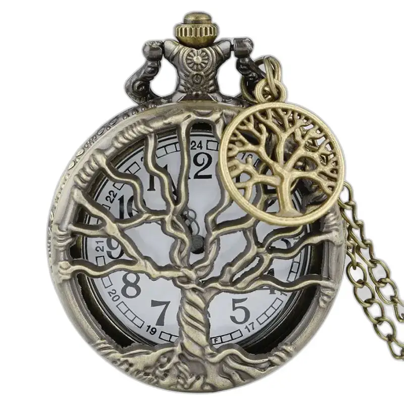Reloj de bolsillo de mujer con collar vintage y diseño de árbol de bronce.