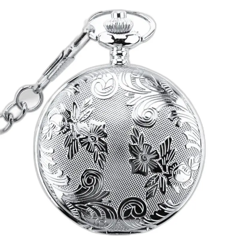 Reloj de bolsillo plateado con doble solapa para mujer con elegante estampado floral plateado