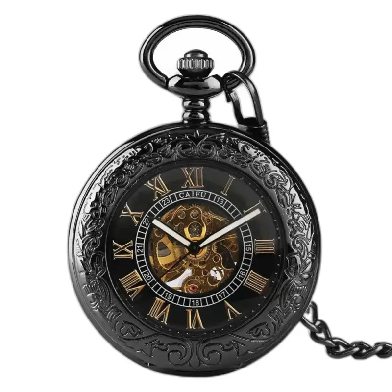 Reloj de bolsillo automático Steampunk Iridium negro en refinado bolsillo de iridio
