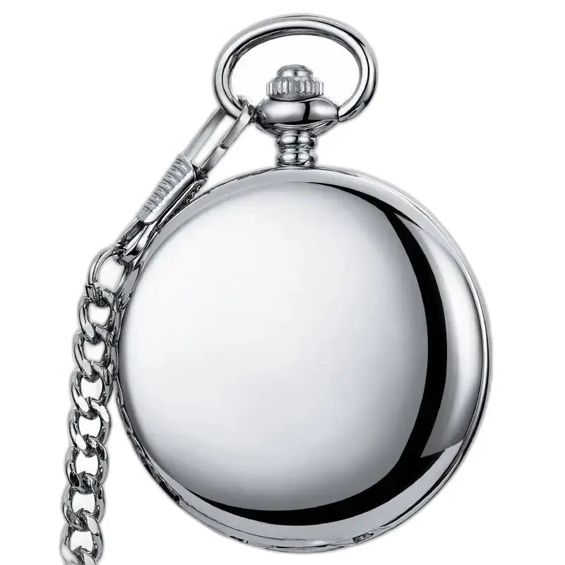 Reloj de bolsillo mecánico liso plateado clásico con cadena de acero brillante