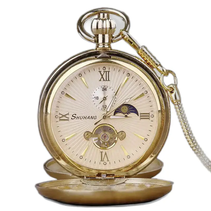Reloj de bolsillo de lujo con doble solapa en oro con cadena y elegante fase lunar