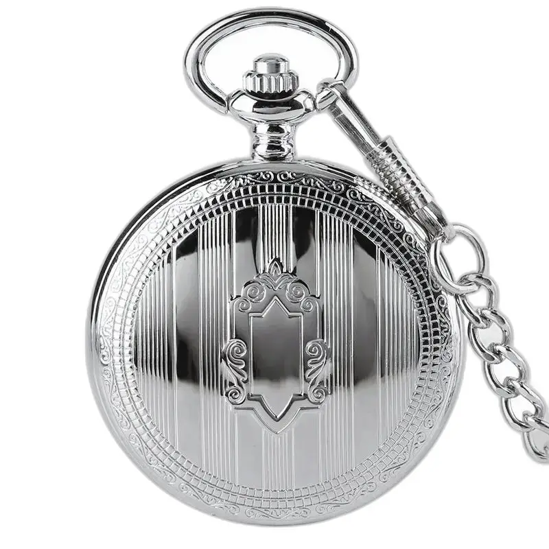 Reloj de bolsillo mecánico plateado de lujo para hombre con movimiento mecánico y cadena.
