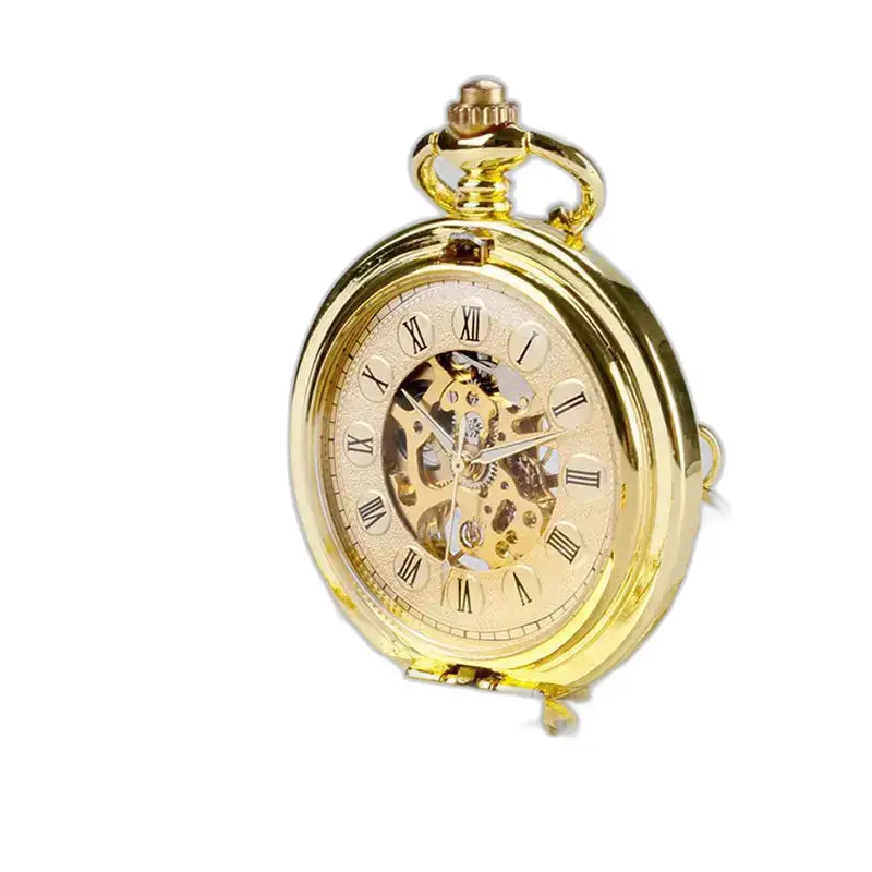Reloj de bolsillo mecánico de lujo con cuerda manual dorada con movimiento mecánico