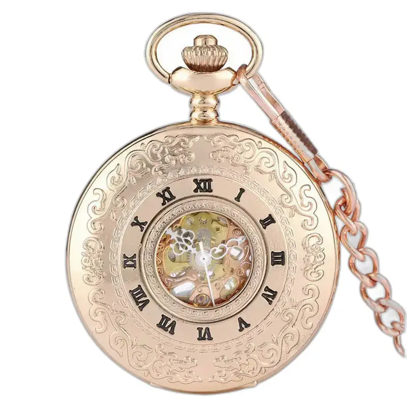 Reloj de bolsillo de lujo en oro rosa con índices de números romanos y cadena adornada
