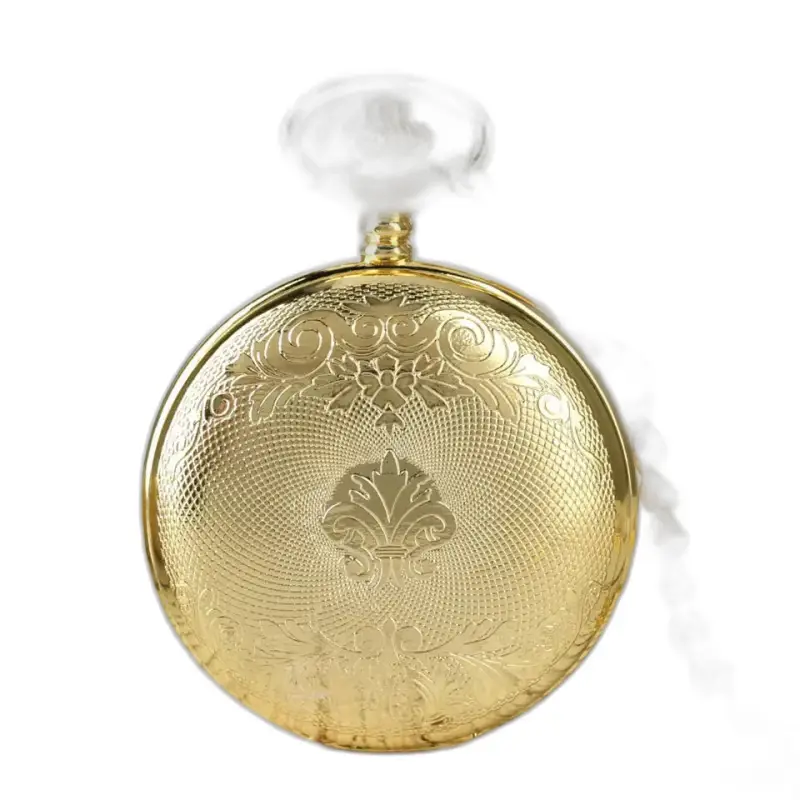 Reloj de bolsillo de lujo con esqueleto dorado, números romanos y acabado dorado adornado
