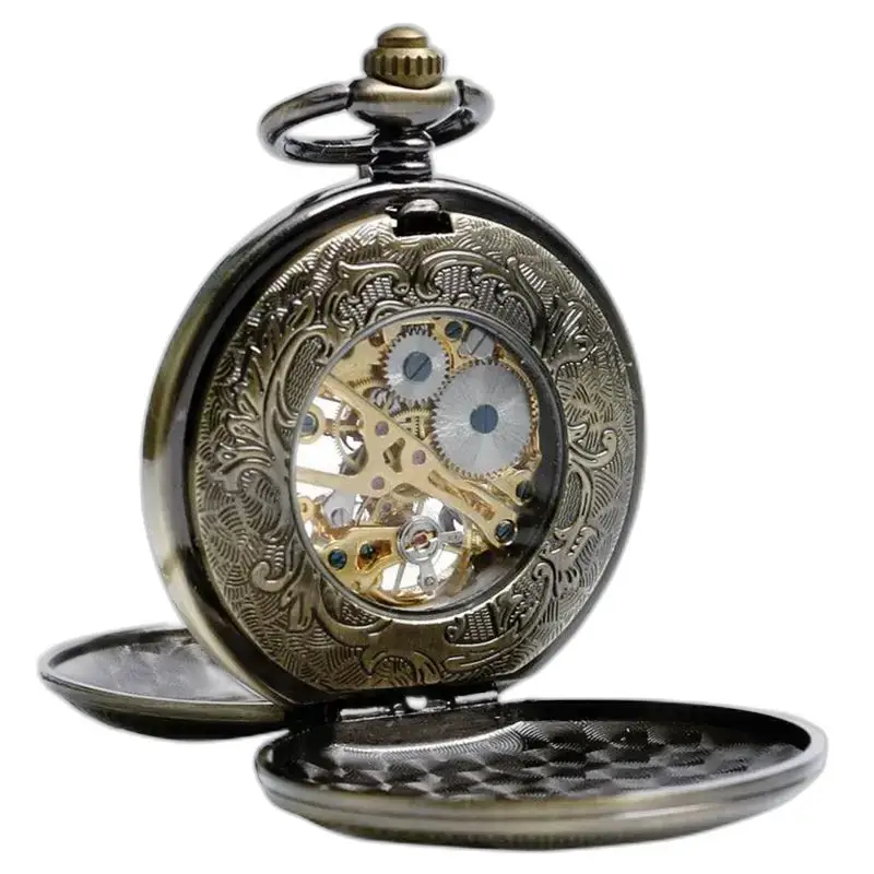 Reloj de bolsillo mecánico vintage de lujo con engranajes de bronce expuestos