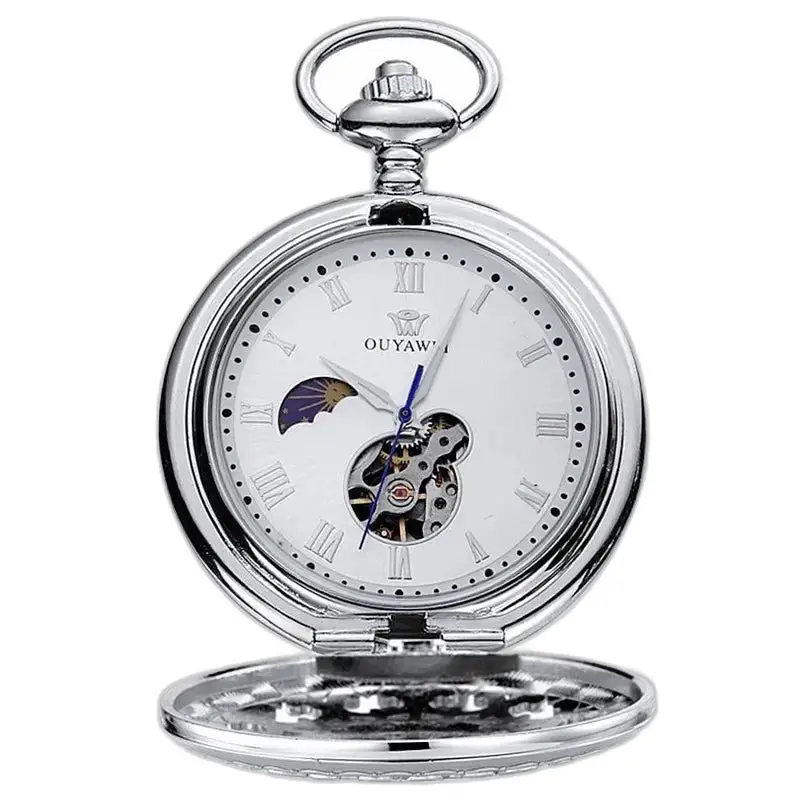 Lujoso reloj de bolsillo mecánico plateado para hombre con mecanismo expuesto.