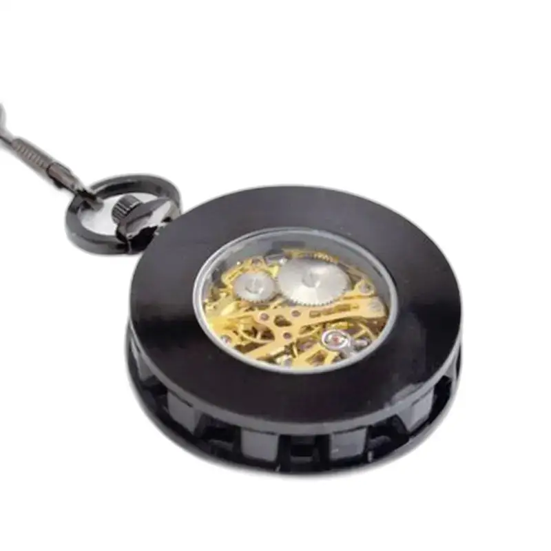 Reloj de bolsillo mecánico plateado de lujo con un elegante diseño de metal negro