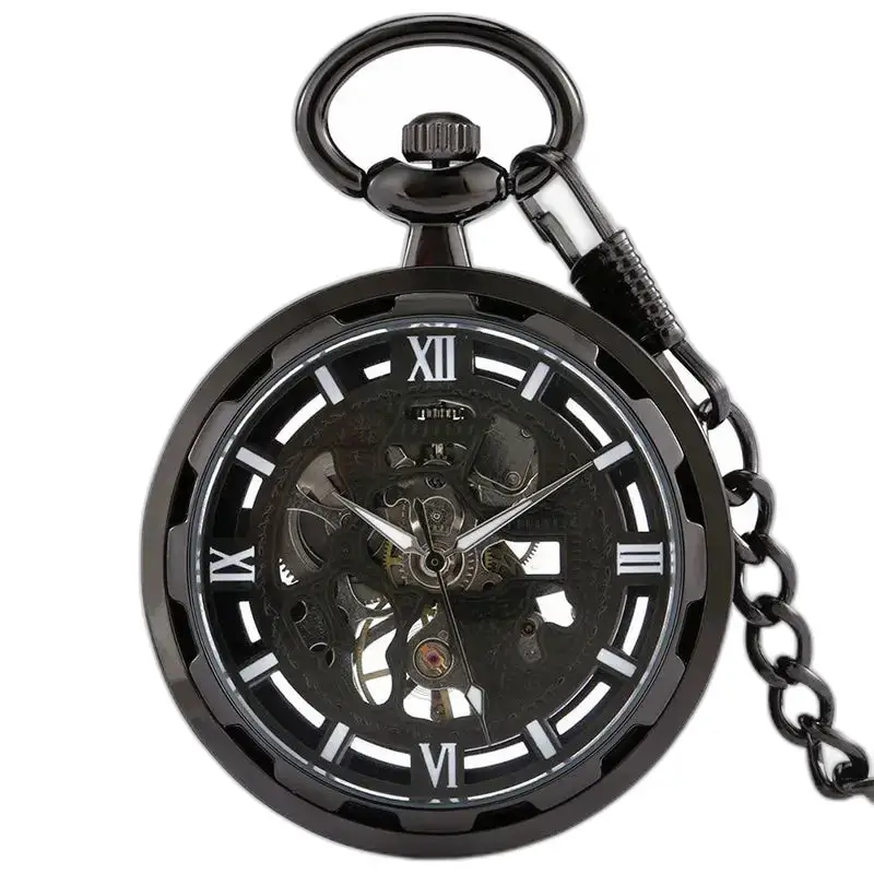 Black Dream Chic Reloj de bolsillo mecánico con elegante esqueleto negro