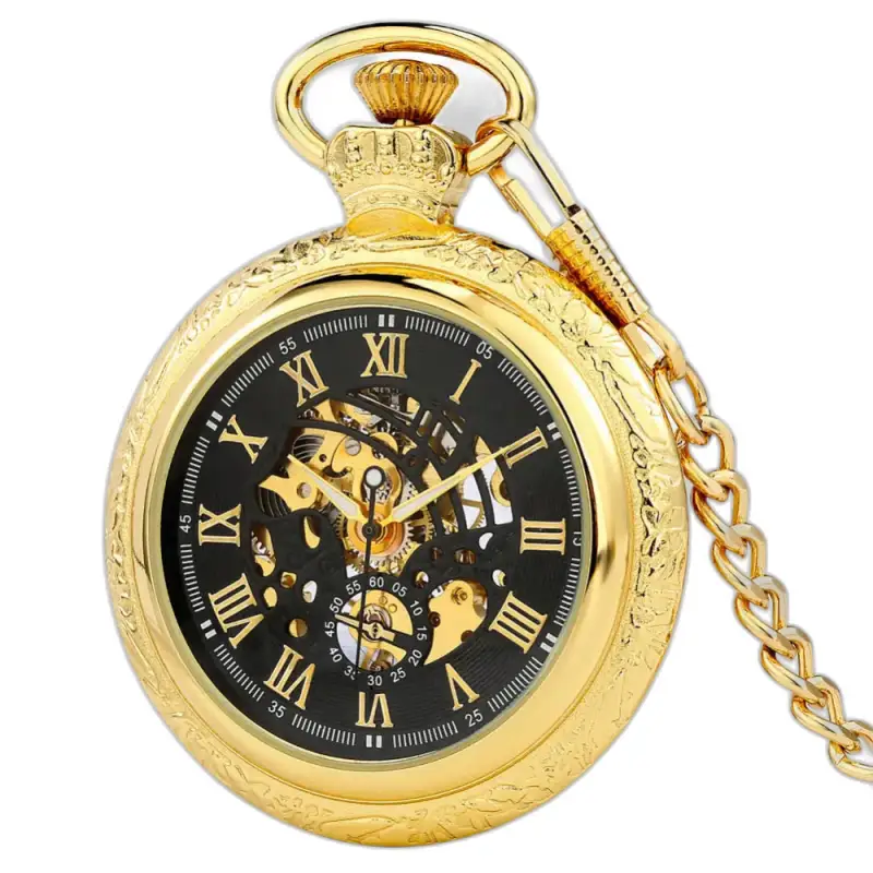Reloj de bolsillo mecánico dorado con cadena y esfera romana de oro negro