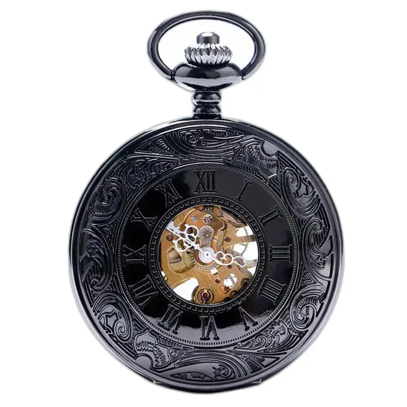 Black Metal Chic Reloj de bolsillo mecánico con mecanismo de metal negro visible