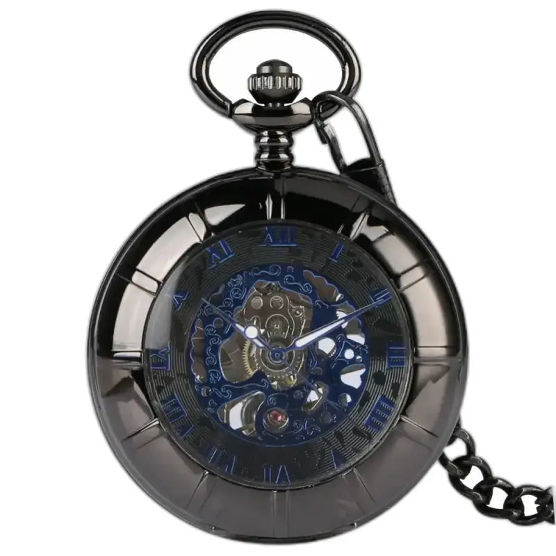 Reloj de bolsillo mecánico para hombre Blue Venom con elegante caja negra