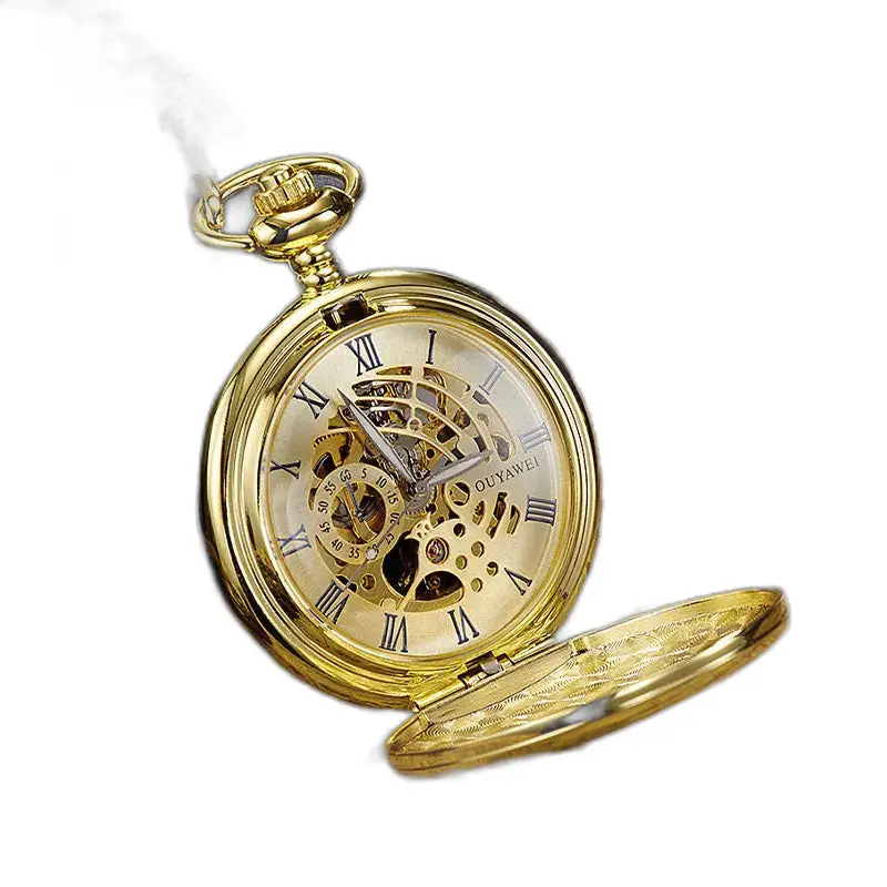 Reloj de bolsillo mecánico con números romanos y esfera negra con caja dorada