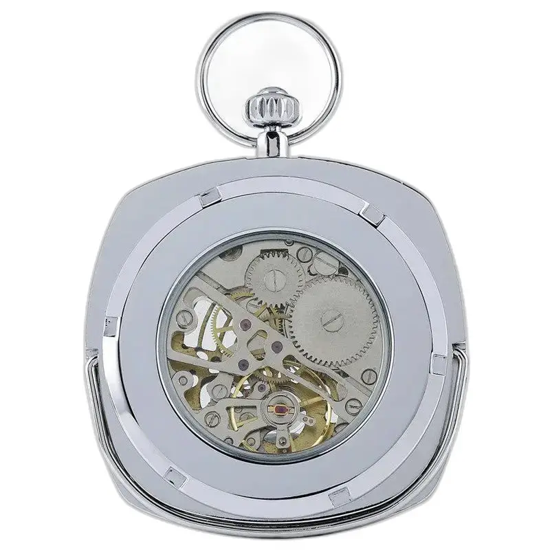 Reloj de bolsillo mecánico plateado con esfera abierta elegante y lujosa.