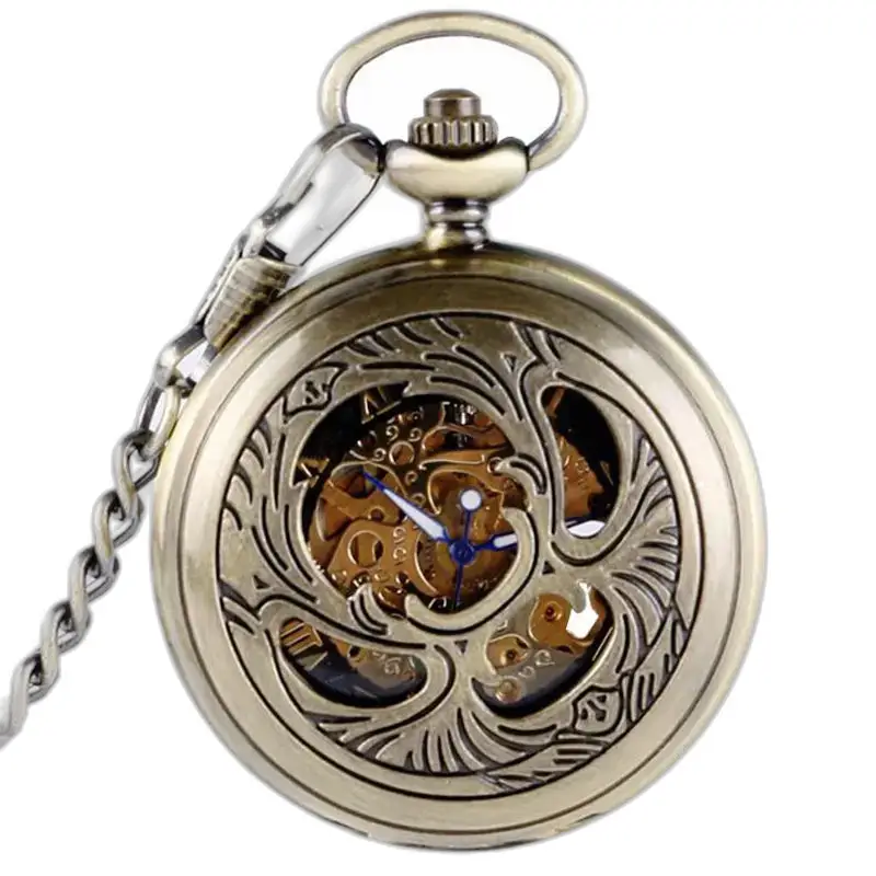Elegante reloj de bolsillo mecánico con cuerda manual y engranajes visibles