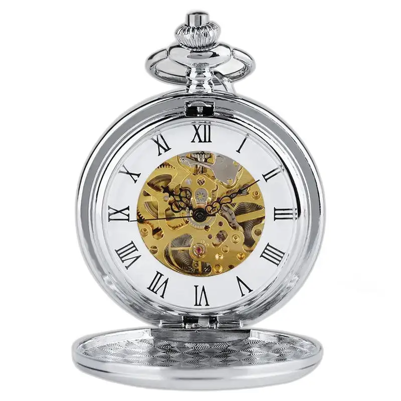 Reloj de bolsillo mecánico plateado con doble solapa y mecanismo plateado visible
