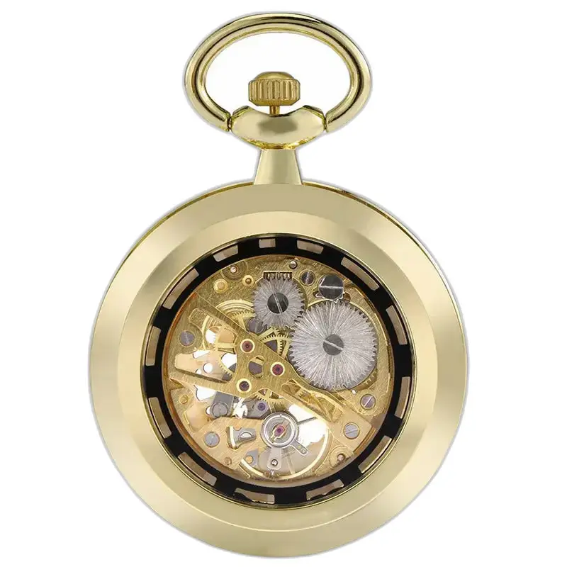 Reloj de bolsillo mecánico Golden Skeleton Chic con elegante diseño dorado