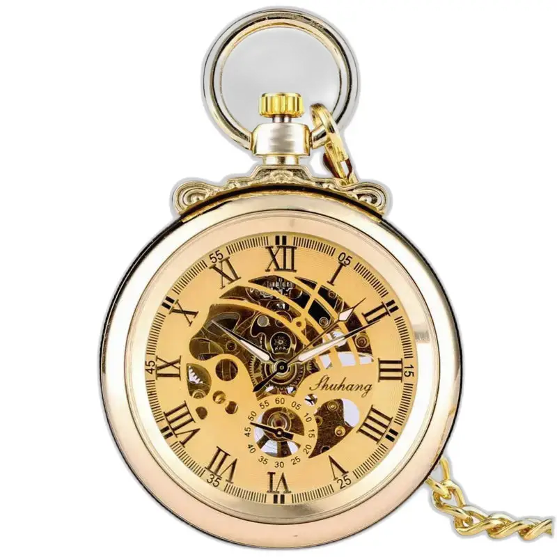 Reloj de bolsillo mecánico dorado elegante de lujo con movimiento mecánico dorado
