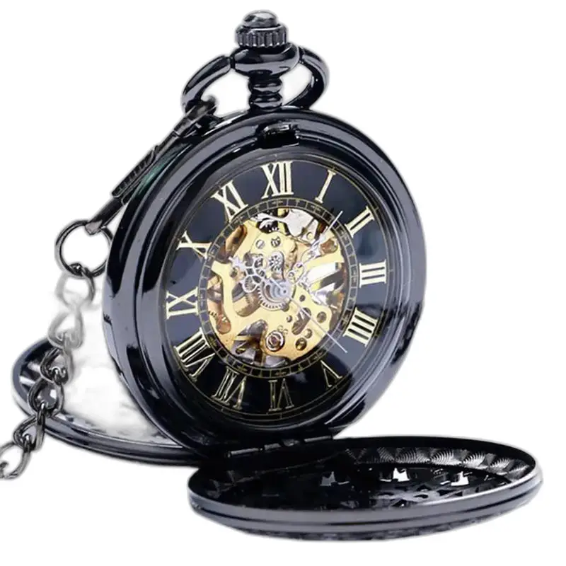 Reloj de bolsillo mecánico negro elegante, reloj de bolsillo mecánico negro elegante y refinado