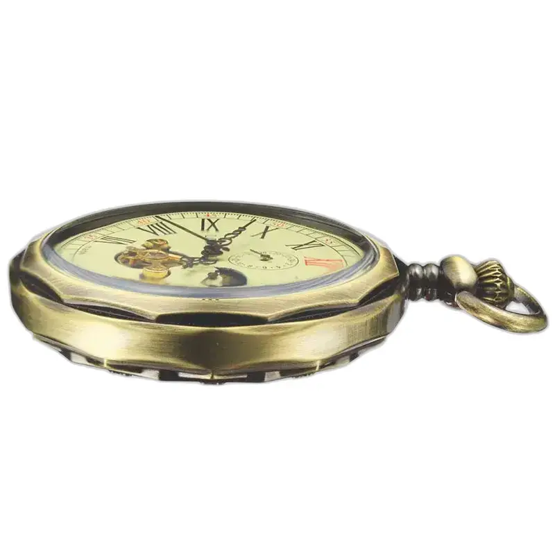Reloj de bolsillo mecánico de lujo con fase lunar en elegante bronce antiguo