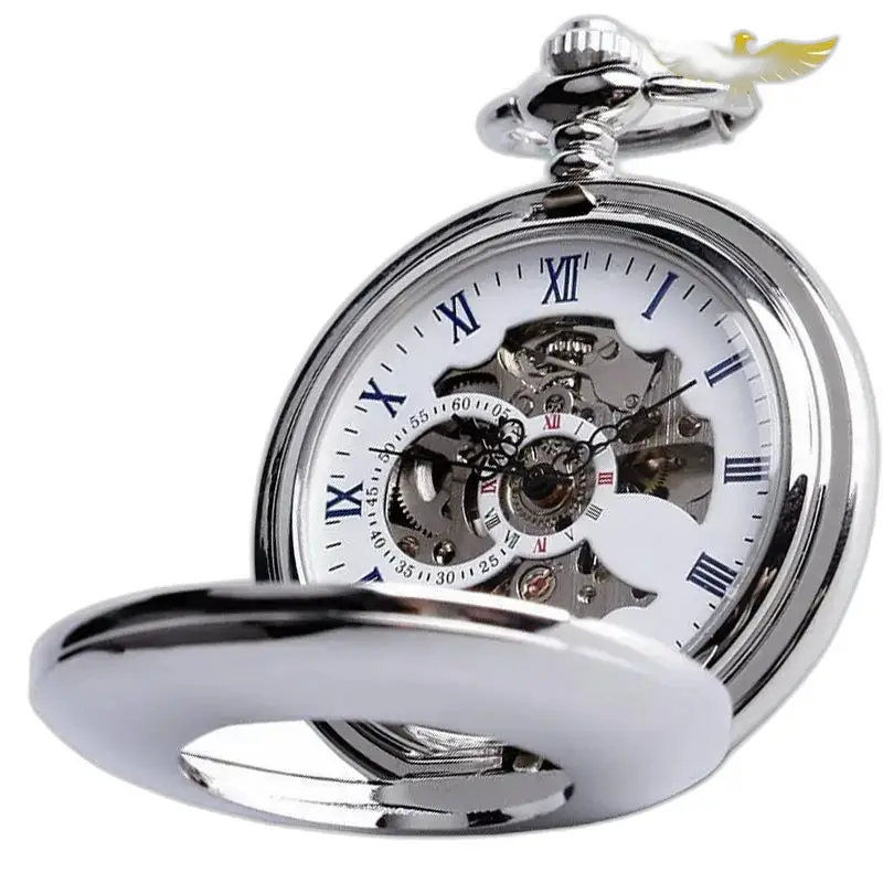 Reloj de bolsillo mecánico esqueleto de lujo en plata con mecanismo visible