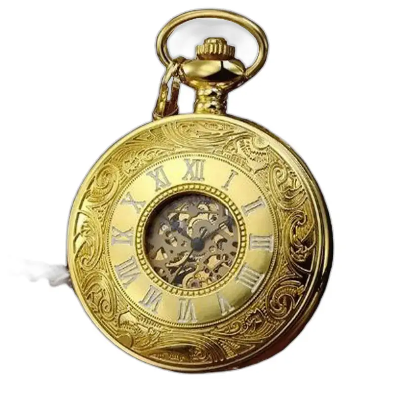 Elegante reloj de bolsillo mecánico moderno con adornos dorados sobre un fondo elegante