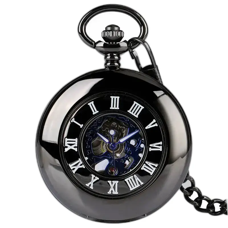 Reloj de bolsillo negro moderno y elegante con elegantes números romanos y diseño refinado