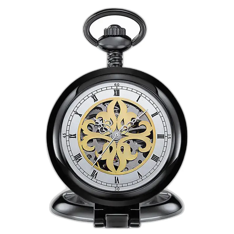 Reloj de bolsillo de lujo con esqueleto antiguo y acabado en negro y dorado