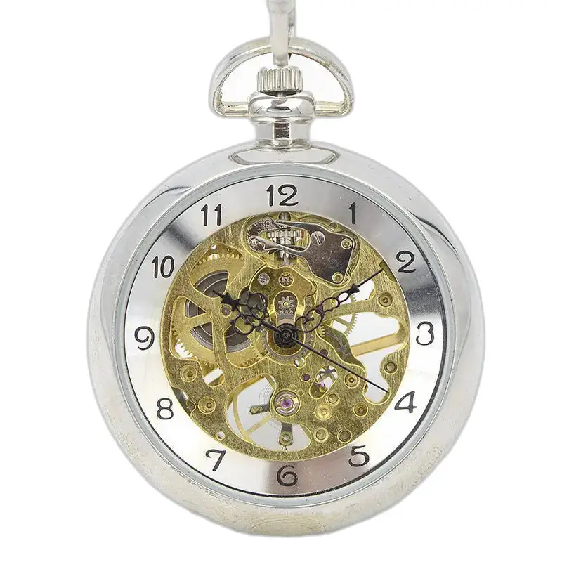Reloj de bolsillo romano mecánico de lujo en plata, elegante y refinado.