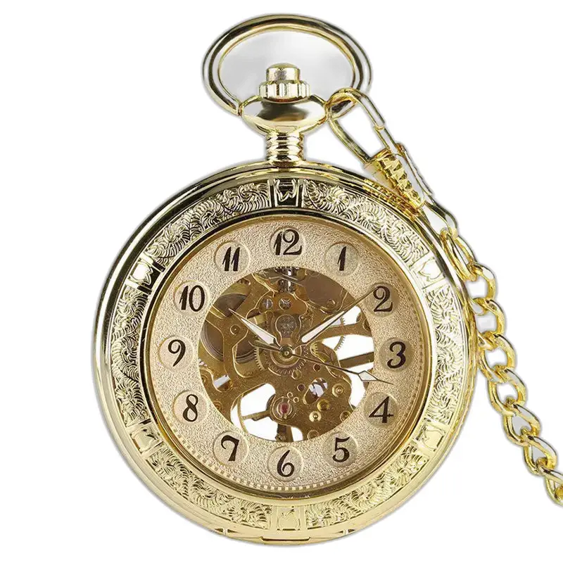 Reloj de bolsillo mecánico de lujo real en oro con engranajes y cadena visibles
