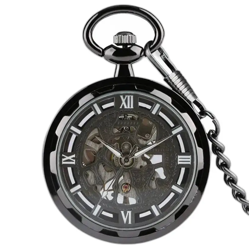 Elegante reloj de bolsillo mecánico esqueleto con cadena y elegante diseño negro.