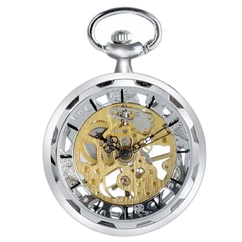 Reloj de bolsillo mecánico de lujo con esqueleto en plata y diseño sofisticado