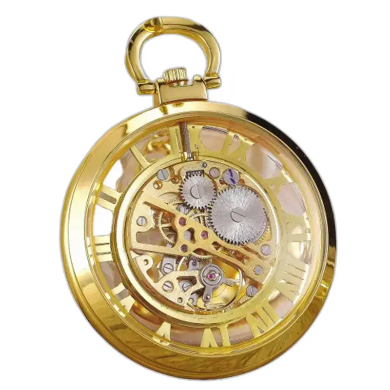 Reloj de bolsillo mecánico de lujo con esqueleto, caja dorada y diseño elegante.