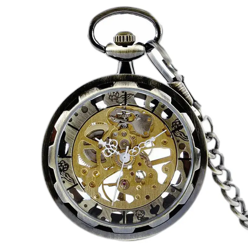 Moderno reloj de bolsillo esqueleto con cadena y elegante movimiento mecánico.