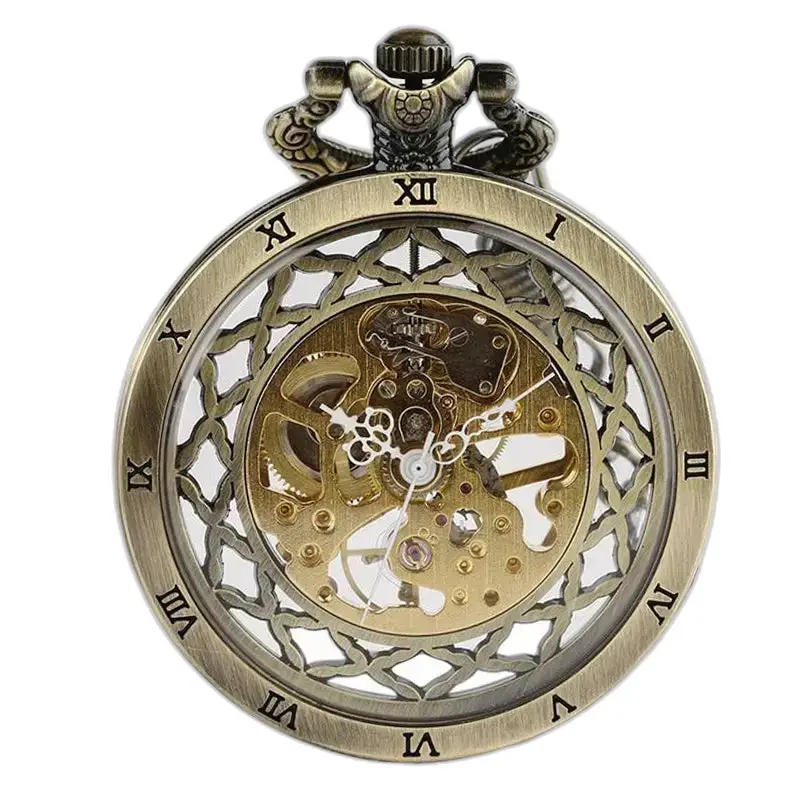 Reloj de bolsillo de lujo con esqueleto redondo en bronce, estilo elegante y de alta gama.