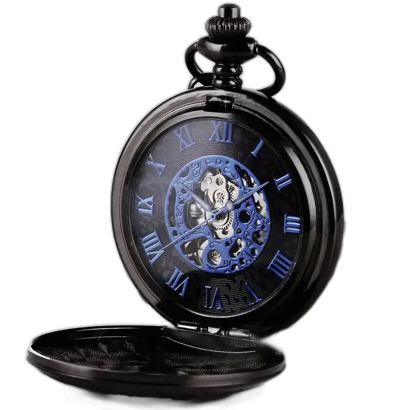 Reloj de bolsillo Steampunk Double Demi Hunter Chic con números romanos azules