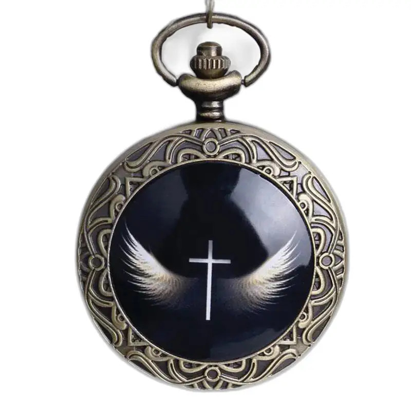 Reloj con collar de alas de ángel de moda con reloj de collar vintage, cruz y alas