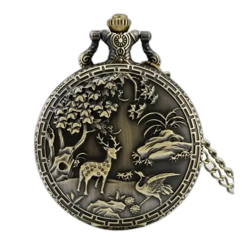 Reloj con collar de bronce vintage con dije de bosque adornado con un reloj de bolsillo de bronce