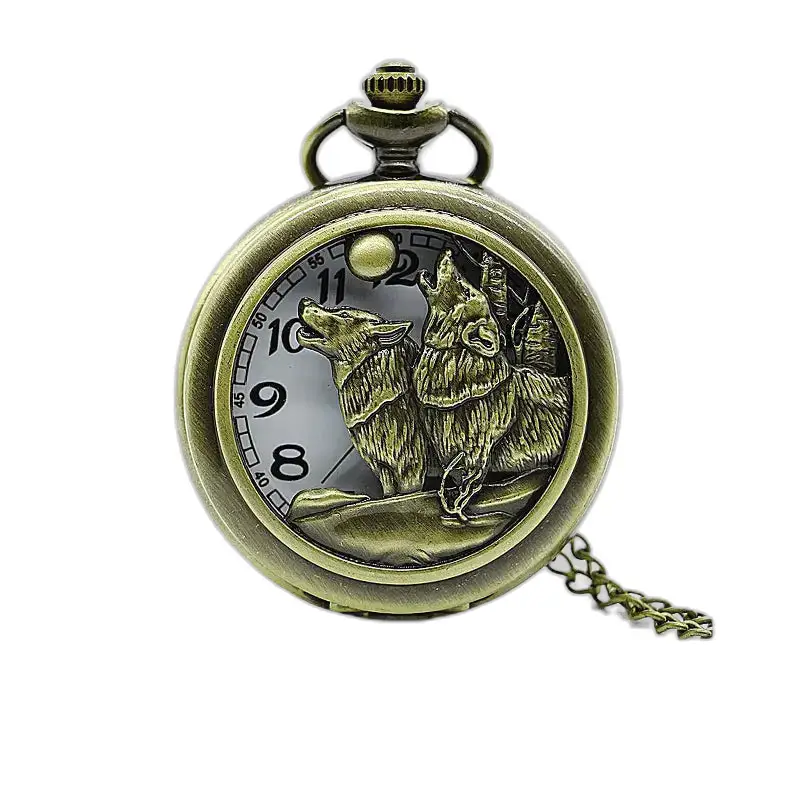 Reloj de collar Vintage Loups Pleine Lune con elegante reloj de lobo de bronce