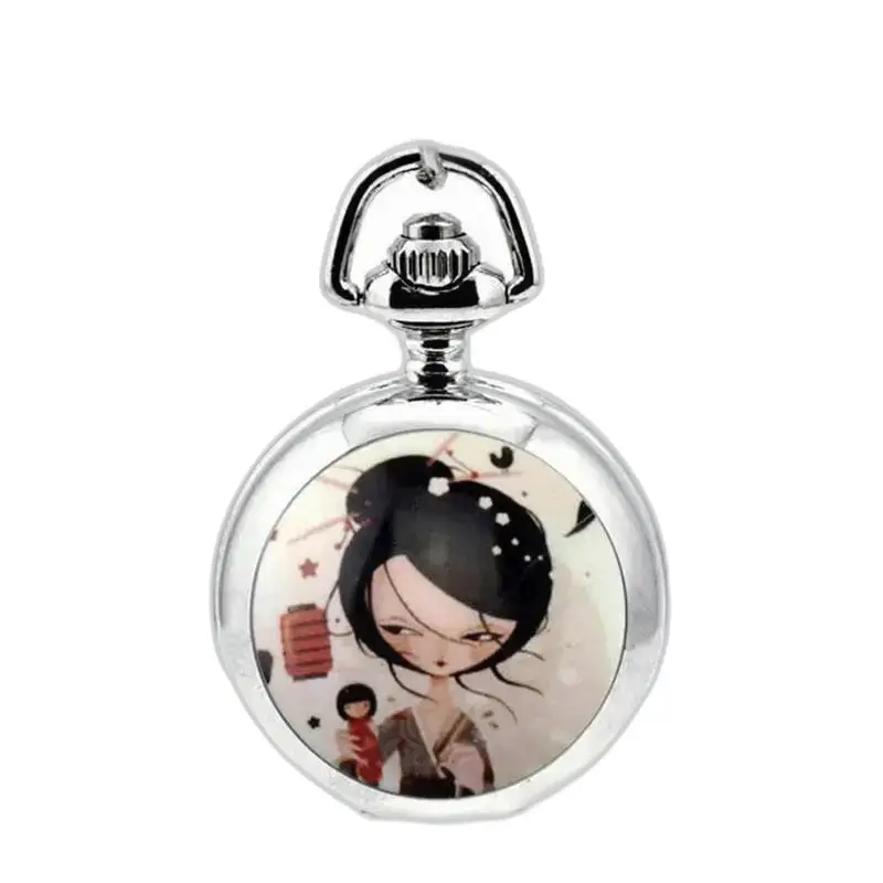 Reloj de collar manga con péndulo plateado y una chica de dibujos animados en estilo anime