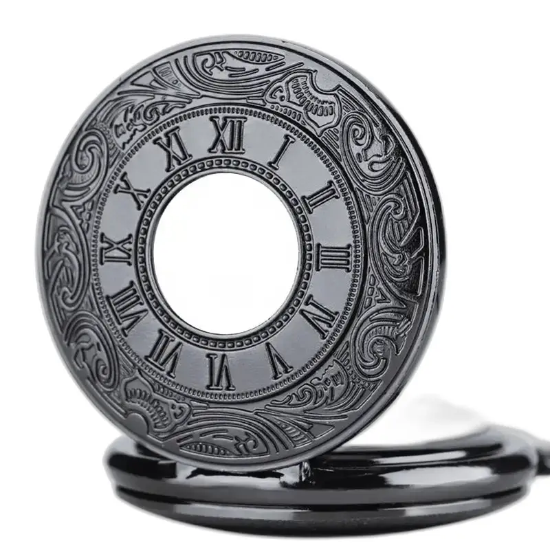Reloj de collar mecánico estilo colgante con elegante caja negra adornada